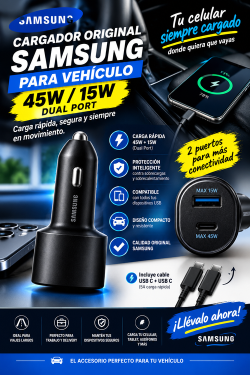 CARGADOR SAMSUNG PARA VEHICULO 45W/15W