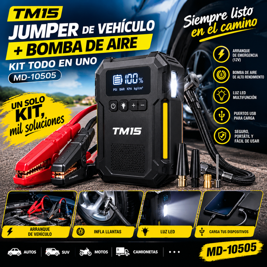 JUMPER DE VEHICULO TM15 + BOMBA DE AIRE KIT TODO EN UNO MD-10505
